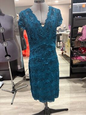 le chateau Teal Lace Beaded V-Neck Midi Dress